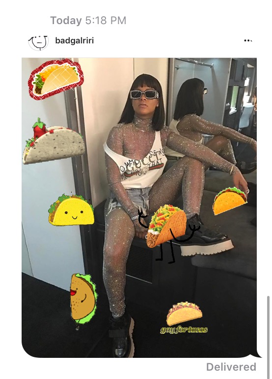 Rihanna dressed in Gucci for Coachella 2017 covered in Taco Stickers in iOS 10